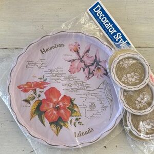 Vintage Hawaiian Islands Souvenir Floral Metal Tray and Coasters Set - NEW